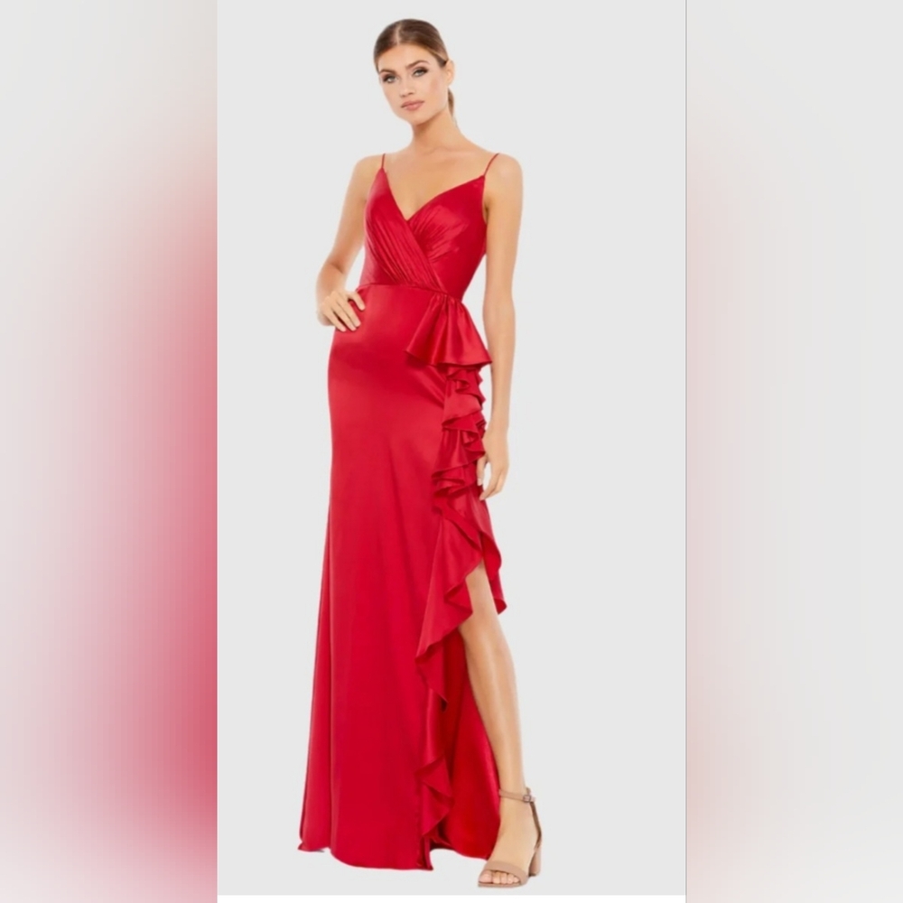 Mac Duggal Satin Ruffled Asymmetrical Gown 67815 Size 2 Woman's Faux Wrap Dress